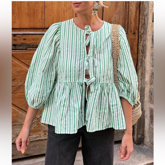 Women Puff Sleeve Peplum Shirts Bow Tie Front Stripe Babydoll Blouse Lace‎ Up - Picture 3 of 10